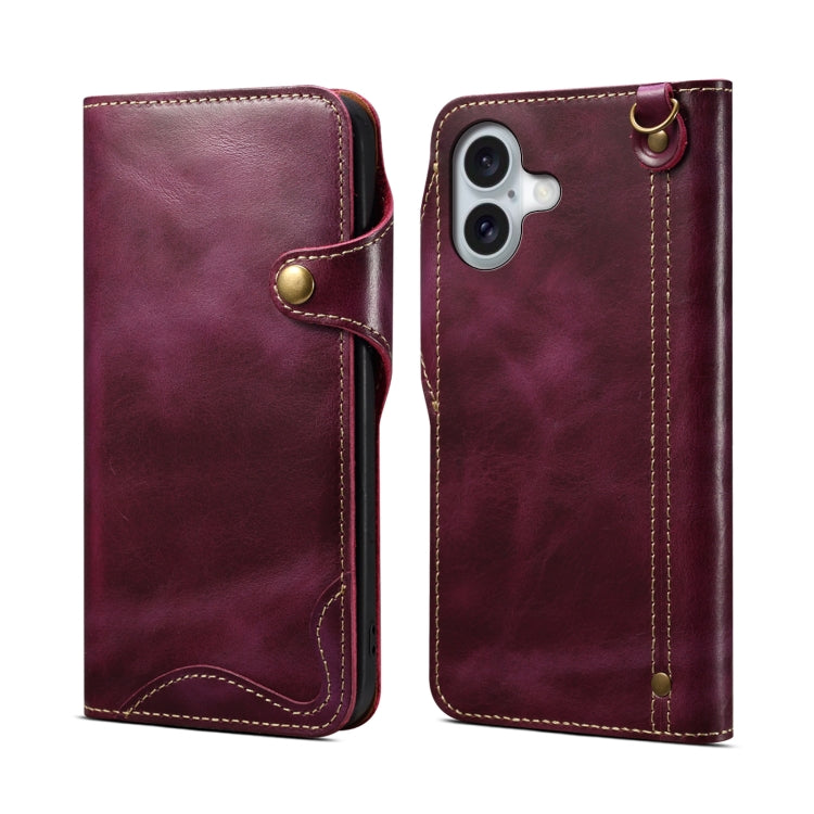 Denior B01 Oil Wax Cowhide Magnetic Button Genuine Leather Case, For iPhone 16e, For iPhone 16 Pro Max, For iPhone 16 Pro, For iPhone 16 Plus, For iPhone 16