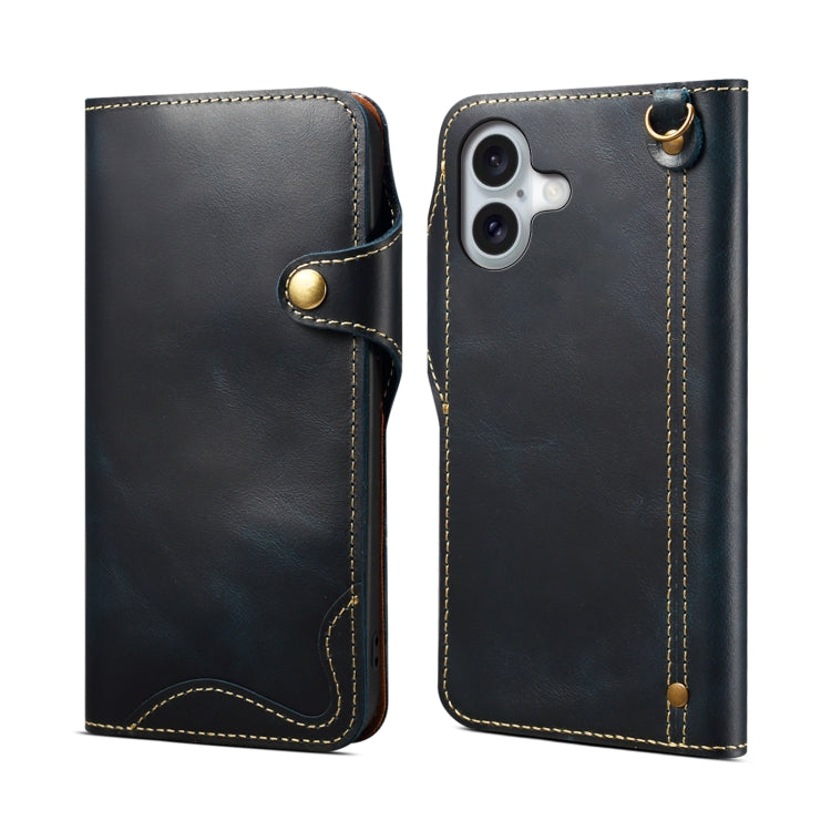Denior B01 Oil Wax Cowhide Magnetic Button Genuine Leather Case, For iPhone 16e, For iPhone 16 Pro Max, For iPhone 16 Pro, For iPhone 16 Plus, For iPhone 16