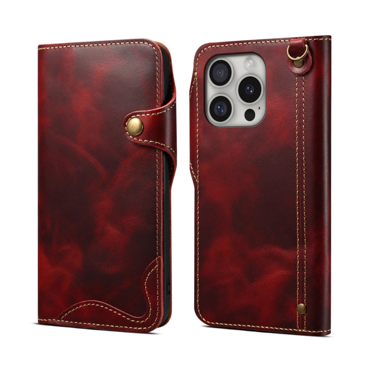 Denior B01 Oil Wax Cowhide Magnetic Button Genuine Leather Case, For iPhone 16e, For iPhone 16 Pro Max, For iPhone 16 Pro, For iPhone 16 Plus, For iPhone 16