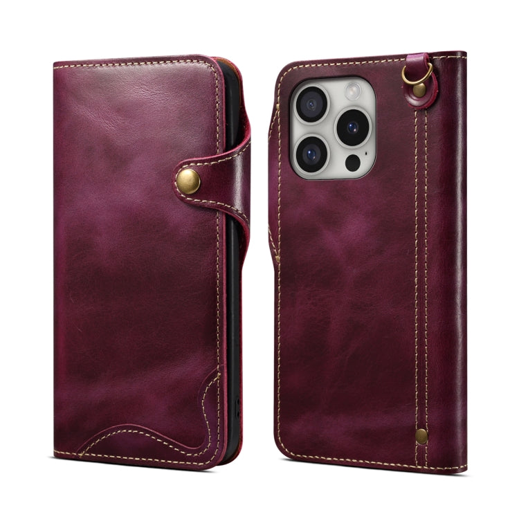 Denior B01 Oil Wax Cowhide Magnetic Button Genuine Leather Case, For iPhone 16e, For iPhone 16 Pro Max, For iPhone 16 Pro, For iPhone 16 Plus, For iPhone 16