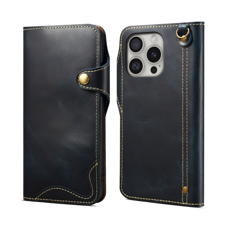 Denior B01 Oil Wax Cowhide Magnetic Button Genuine Leather Case, For iPhone 16e, For iPhone 16 Pro Max, For iPhone 16 Pro, For iPhone 16 Plus, For iPhone 16