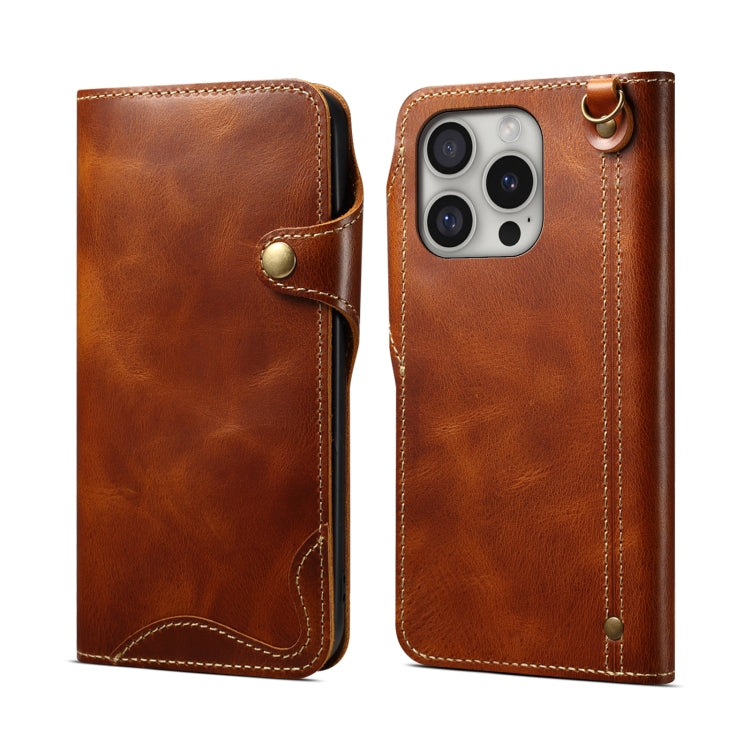 Denior B01 Oil Wax Cowhide Magnetic Button Genuine Leather Case, For iPhone 16e, For iPhone 16 Pro Max, For iPhone 16 Pro, For iPhone 16 Plus, For iPhone 16