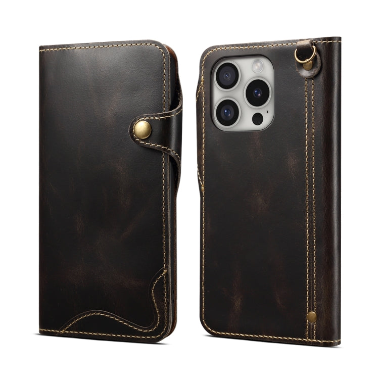 Denior B01 Oil Wax Cowhide Magnetic Button Genuine Leather Case, For iPhone 16e, For iPhone 16 Pro Max, For iPhone 16 Pro, For iPhone 16 Plus, For iPhone 16