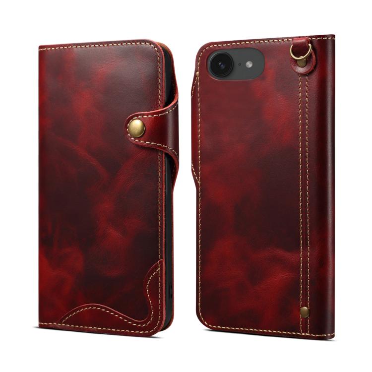 Denior B01 Oil Wax Cowhide Magnetic Button Genuine Leather Case, For iPhone 16e, For iPhone 16 Pro Max, For iPhone 16 Pro, For iPhone 16 Plus, For iPhone 16