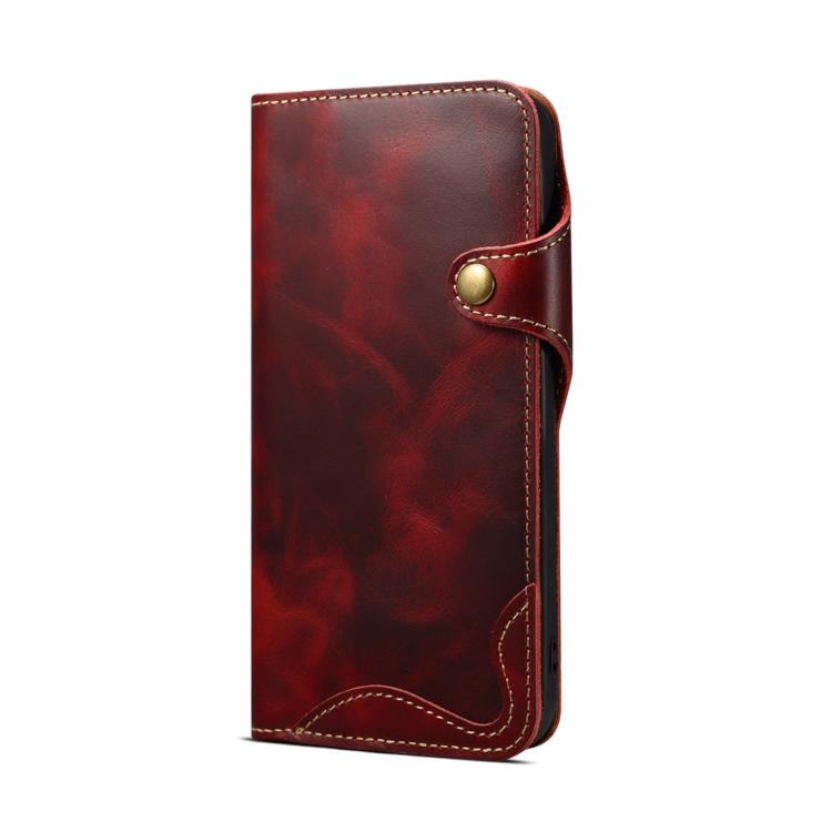 Denior B01 Oil Wax Cowhide Magnetic Button Genuine Leather Case, For iPhone 16e, For iPhone 16 Pro Max, For iPhone 16 Pro, For iPhone 16 Plus, For iPhone 16