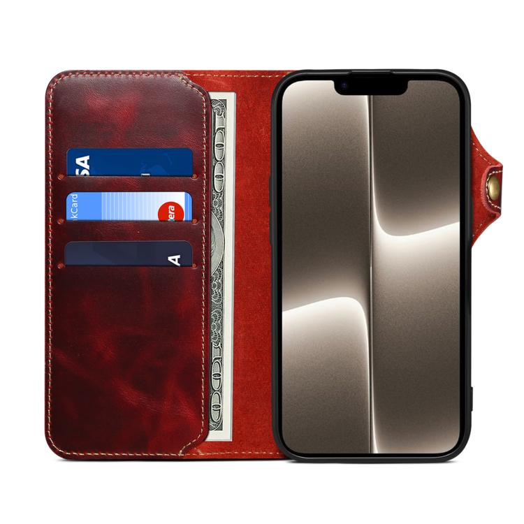 Denior B01 Oil Wax Cowhide Magnetic Button Genuine Leather Case, For iPhone 16e, For iPhone 16 Pro Max, For iPhone 16 Pro, For iPhone 16 Plus, For iPhone 16