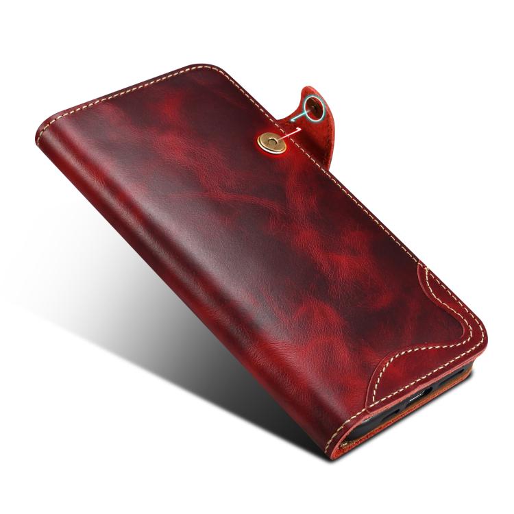 Denior B01 Oil Wax Cowhide Magnetic Button Genuine Leather Case, For iPhone 16e, For iPhone 16 Pro Max, For iPhone 16 Pro, For iPhone 16 Plus, For iPhone 16