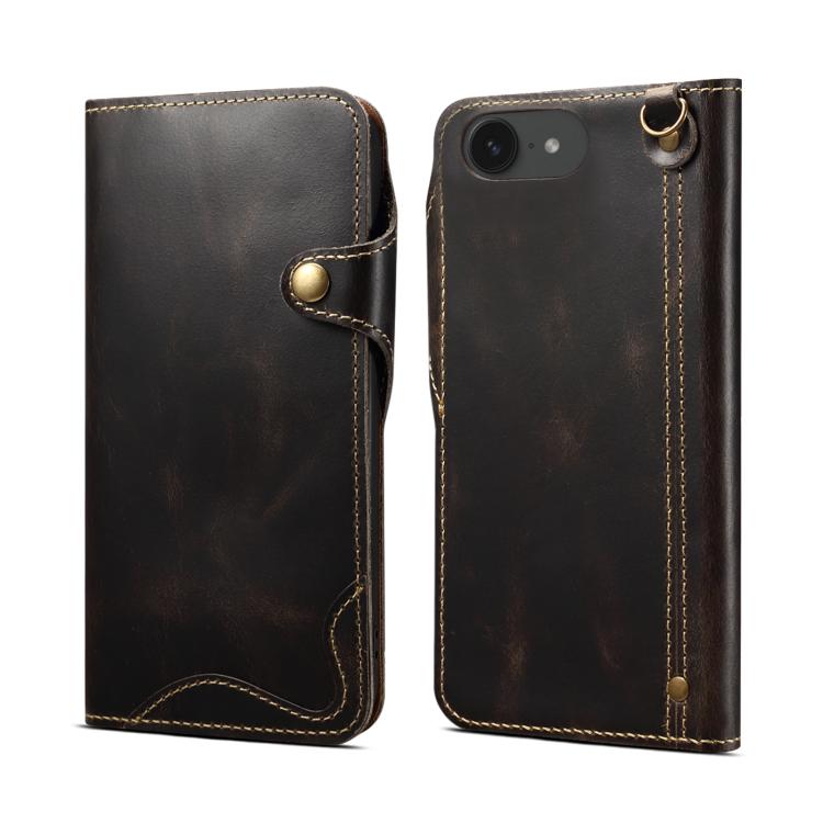 Denior B01 Oil Wax Cowhide Magnetic Button Genuine Leather Case, For iPhone 16e, For iPhone 16 Pro Max, For iPhone 16 Pro, For iPhone 16 Plus, For iPhone 16