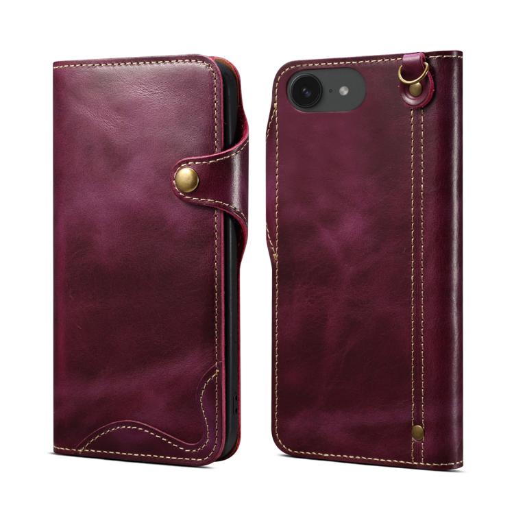 Denior B01 Oil Wax Cowhide Magnetic Button Genuine Leather Case, For iPhone 16e, For iPhone 16 Pro Max, For iPhone 16 Pro, For iPhone 16 Plus, For iPhone 16