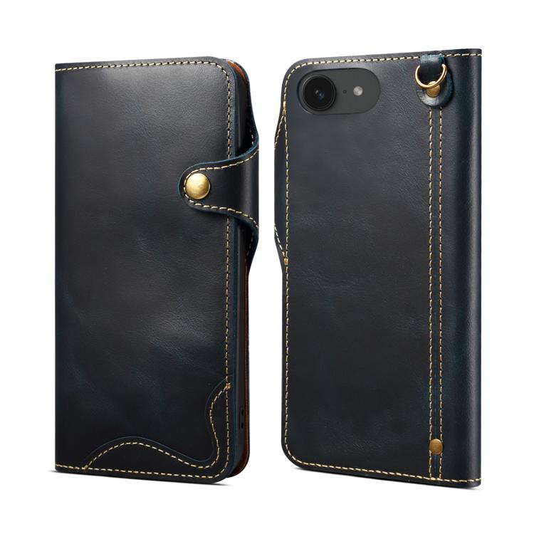 Denior B01 Oil Wax Cowhide Magnetic Button Genuine Leather Case, For iPhone 16e, For iPhone 16 Pro Max, For iPhone 16 Pro, For iPhone 16 Plus, For iPhone 16