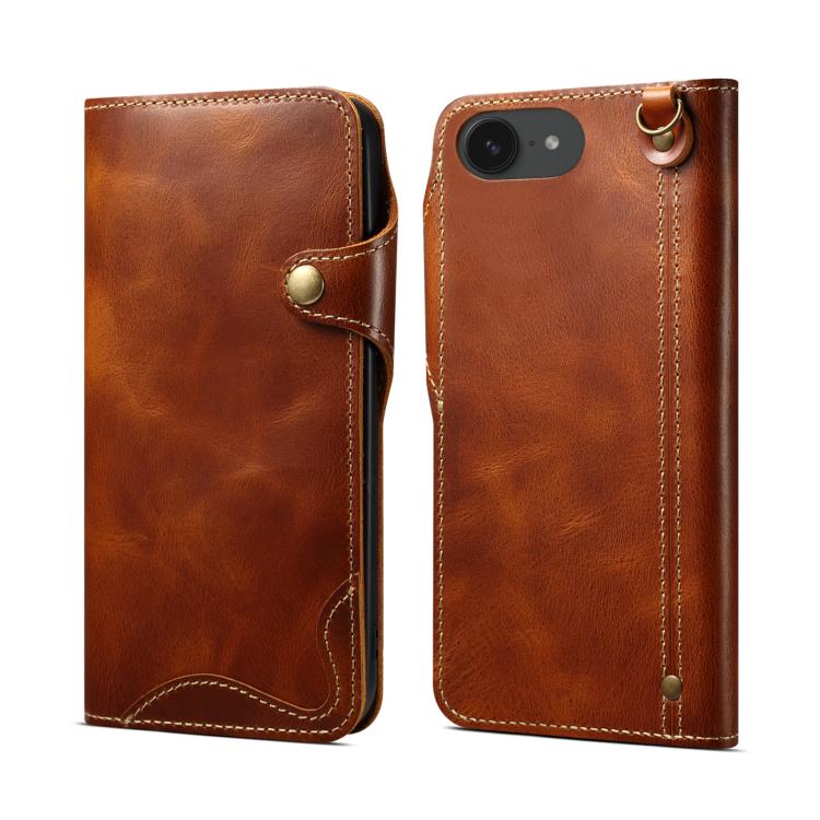 Denior B01 Oil Wax Cowhide Magnetic Button Genuine Leather Case, For iPhone 16e, For iPhone 16 Pro Max, For iPhone 16 Pro, For iPhone 16 Plus, For iPhone 16