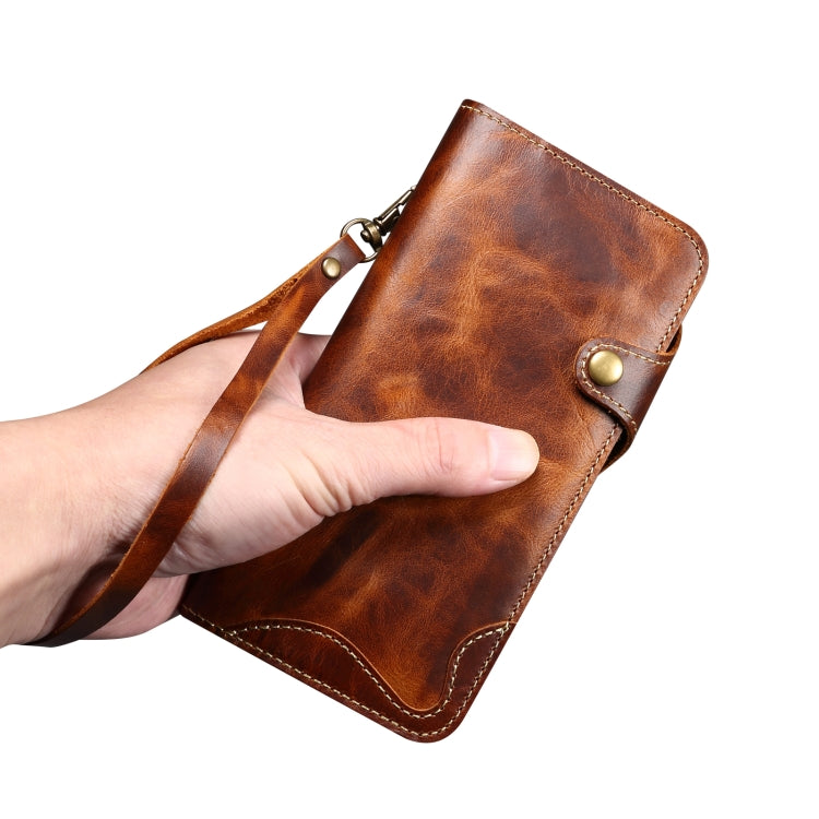 Denior B01 Oil Wax Cowhide Magnetic Button Genuine Leather Case, For iPhone 16e, For iPhone 16 Pro Max, For iPhone 16 Pro, For iPhone 16 Plus, For iPhone 16