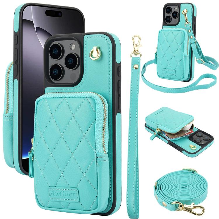 AwQuer Crossbody Zipper Wallet Bag Litchi Leather Phone Case, For iPhone 16 Pro Max, For iPhone 16 Pro, For iPhone 16 Plus, For iPhone 16, For iPhone 15 Pro Max, For iPhone 15 Pro