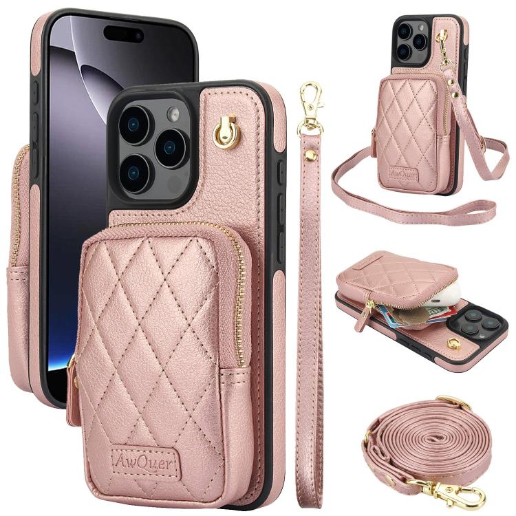 AwQuer Crossbody Zipper Wallet Bag Litchi Leather Phone Case, For iPhone 16 Pro Max, For iPhone 16 Pro, For iPhone 16 Plus, For iPhone 16, For iPhone 15 Pro Max, For iPhone 15 Pro