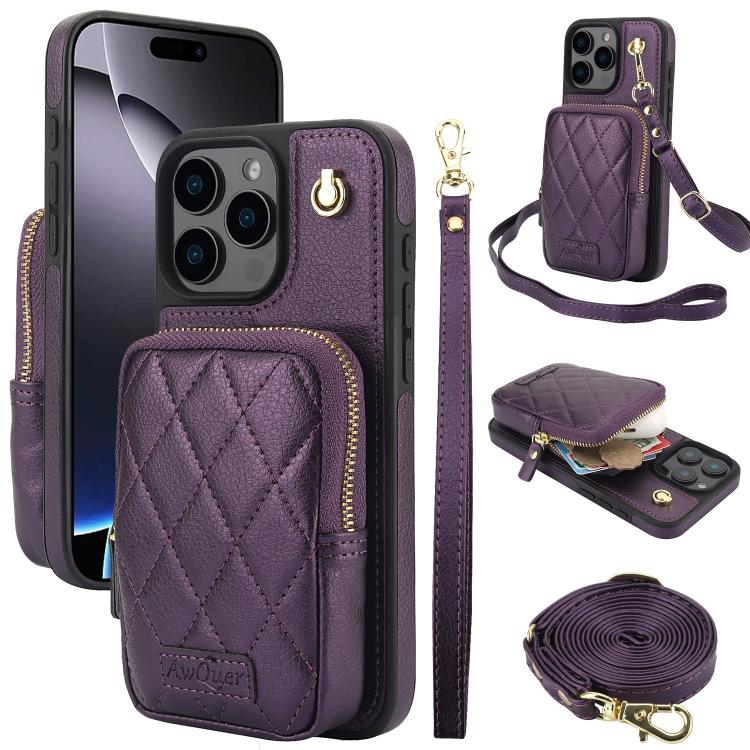AwQuer Crossbody Zipper Wallet Bag Litchi Leather Phone Case, For iPhone 16 Pro Max, For iPhone 16 Pro, For iPhone 16 Plus, For iPhone 16, For iPhone 15 Pro Max, For iPhone 15 Pro