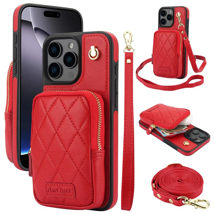 AwQuer Crossbody Zipper Wallet Bag Litchi Leather Phone Case, For iPhone 16 Pro Max, For iPhone 16 Pro, For iPhone 16 Plus, For iPhone 16, For iPhone 15 Pro Max, For iPhone 15 Pro