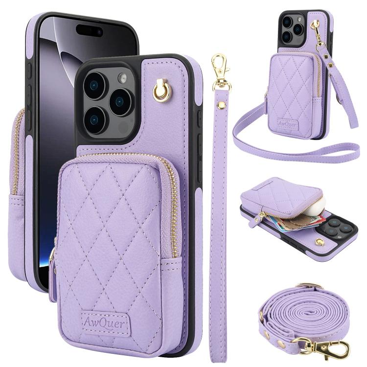 AwQuer Crossbody Zipper Wallet Bag Litchi Leather Phone Case, For iPhone 16 Pro Max, For iPhone 16 Pro, For iPhone 16 Plus, For iPhone 16, For iPhone 15 Pro Max, For iPhone 15 Pro