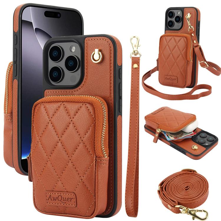 AwQuer Crossbody Zipper Wallet Bag Litchi Leather Phone Case, For iPhone 16 Pro Max, For iPhone 16 Pro, For iPhone 16 Plus, For iPhone 16, For iPhone 15 Pro Max, For iPhone 15 Pro
