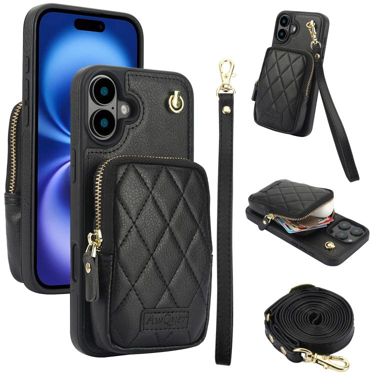 AwQuer Crossbody Zipper Wallet Bag Litchi Leather Phone Case, For iPhone 16 Pro Max, For iPhone 16 Pro, For iPhone 16 Plus, For iPhone 16, For iPhone 15 Pro Max, For iPhone 15 Pro