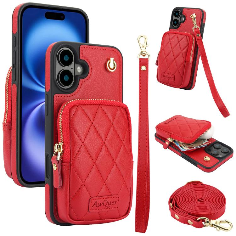 AwQuer Crossbody Zipper Wallet Bag Litchi Leather Phone Case, For iPhone 16 Pro Max, For iPhone 16 Pro, For iPhone 16 Plus, For iPhone 16, For iPhone 15 Pro Max, For iPhone 15 Pro