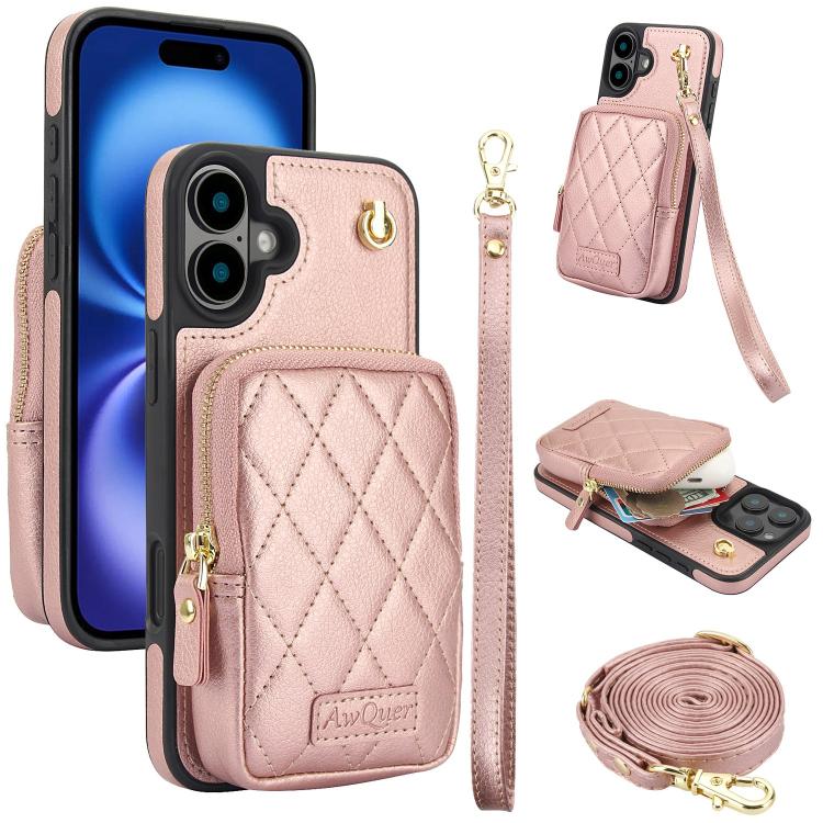 AwQuer Crossbody Zipper Wallet Bag Litchi Leather Phone Case, For iPhone 16 Pro Max, For iPhone 16 Pro, For iPhone 16 Plus, For iPhone 16, For iPhone 15 Pro Max, For iPhone 15 Pro