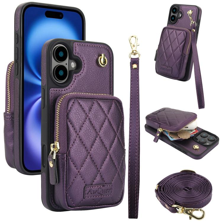 AwQuer Crossbody Zipper Wallet Bag Litchi Leather Phone Case, For iPhone 16 Pro Max, For iPhone 16 Pro, For iPhone 16 Plus, For iPhone 16, For iPhone 15 Pro Max, For iPhone 15 Pro