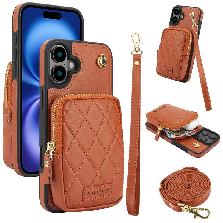 AwQuer Crossbody Zipper Wallet Bag Litchi Leather Phone Case, For iPhone 16 Pro Max, For iPhone 16 Pro, For iPhone 16 Plus, For iPhone 16, For iPhone 15 Pro Max, For iPhone 15 Pro