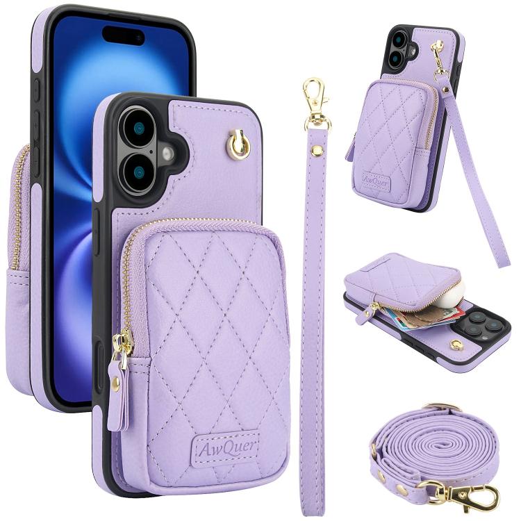 AwQuer Crossbody Zipper Wallet Bag Litchi Leather Phone Case, For iPhone 16 Pro Max, For iPhone 16 Pro, For iPhone 16 Plus, For iPhone 16, For iPhone 15 Pro Max, For iPhone 15 Pro