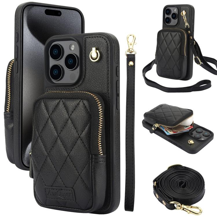 AwQuer Crossbody Zipper Wallet Bag Litchi Leather Phone Case, For iPhone 16 Pro Max, For iPhone 16 Pro, For iPhone 16 Plus, For iPhone 16, For iPhone 15 Pro Max, For iPhone 15 Pro