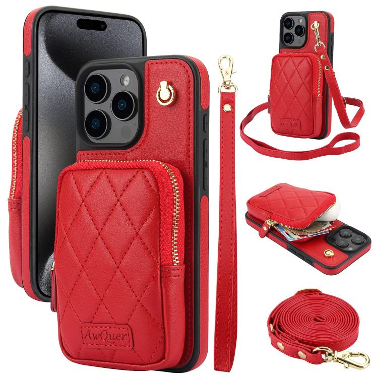 AwQuer Crossbody Zipper Wallet Bag Litchi Leather Phone Case, For iPhone 16 Pro Max, For iPhone 16 Pro, For iPhone 16 Plus, For iPhone 16, For iPhone 15 Pro Max, For iPhone 15 Pro