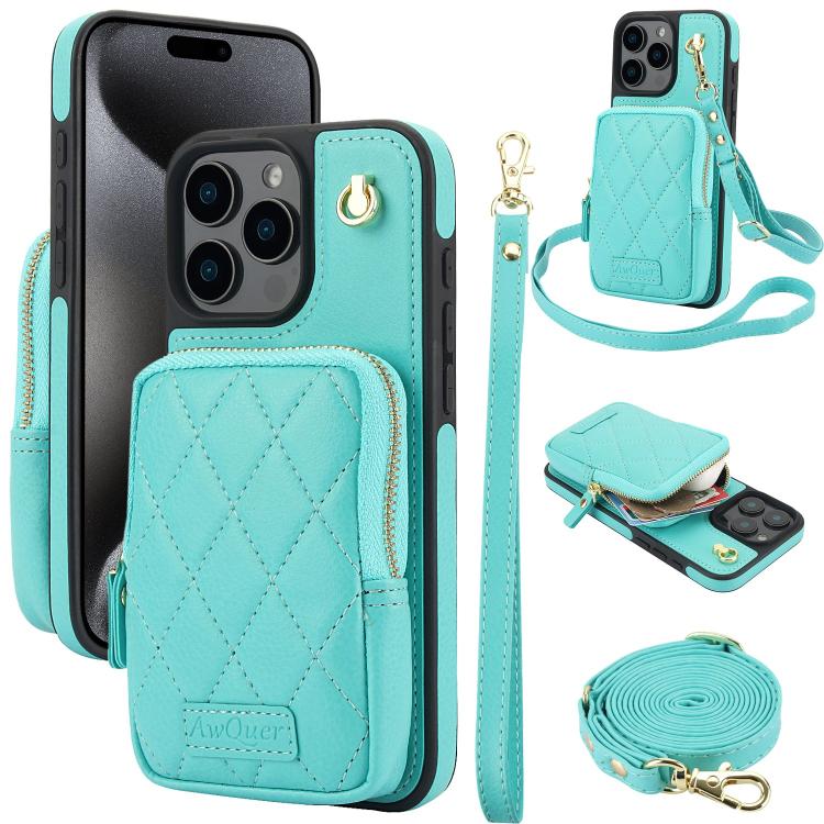 AwQuer Crossbody Zipper Wallet Bag Litchi Leather Phone Case, For iPhone 16 Pro Max, For iPhone 16 Pro, For iPhone 16 Plus, For iPhone 16, For iPhone 15 Pro Max, For iPhone 15 Pro