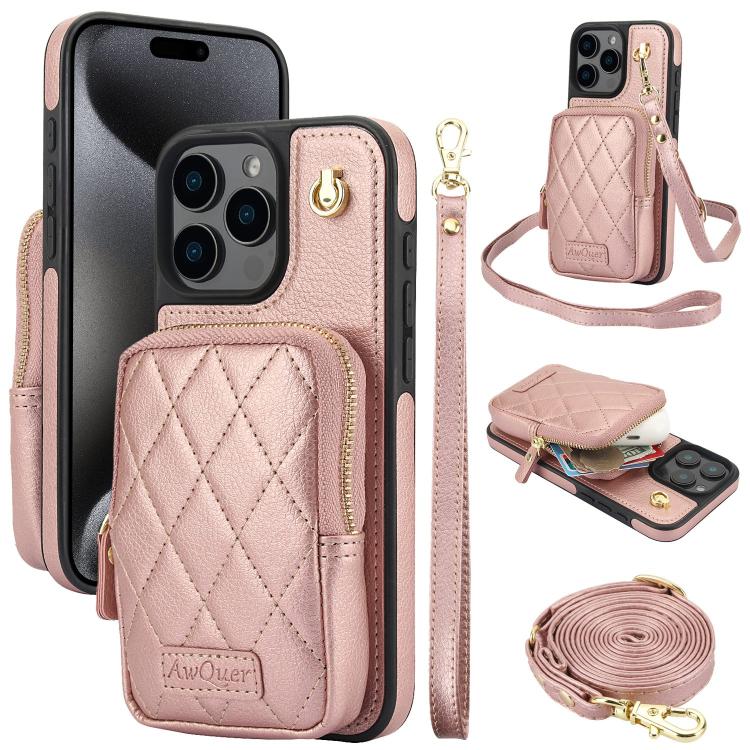 AwQuer Crossbody Zipper Wallet Bag Litchi Leather Phone Case, For iPhone 16 Pro Max, For iPhone 16 Pro, For iPhone 16 Plus, For iPhone 16, For iPhone 15 Pro Max, For iPhone 15 Pro