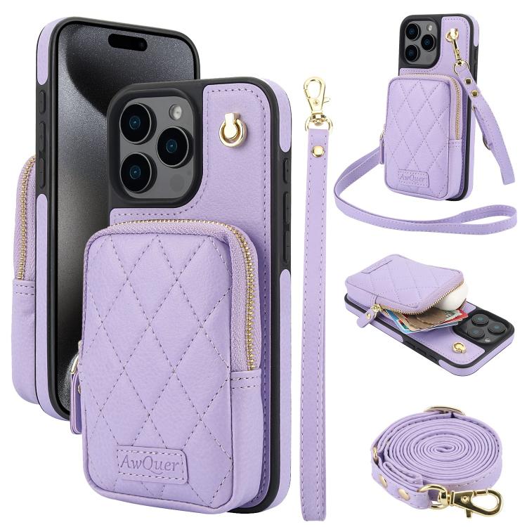 AwQuer Crossbody Zipper Wallet Bag Litchi Leather Phone Case, For iPhone 16 Pro Max, For iPhone 16 Pro, For iPhone 16 Plus, For iPhone 16, For iPhone 15 Pro Max, For iPhone 15 Pro