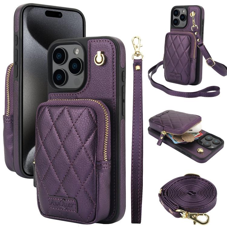 AwQuer Crossbody Zipper Wallet Bag Litchi Leather Phone Case, For iPhone 16 Pro Max, For iPhone 16 Pro, For iPhone 16 Plus, For iPhone 16, For iPhone 15 Pro Max, For iPhone 15 Pro