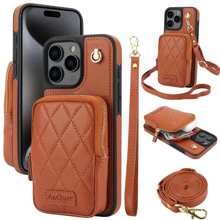 AwQuer Crossbody Zipper Wallet Bag Litchi Leather Phone Case, For iPhone 16 Pro Max, For iPhone 16 Pro, For iPhone 16 Plus, For iPhone 16, For iPhone 15 Pro Max, For iPhone 15 Pro