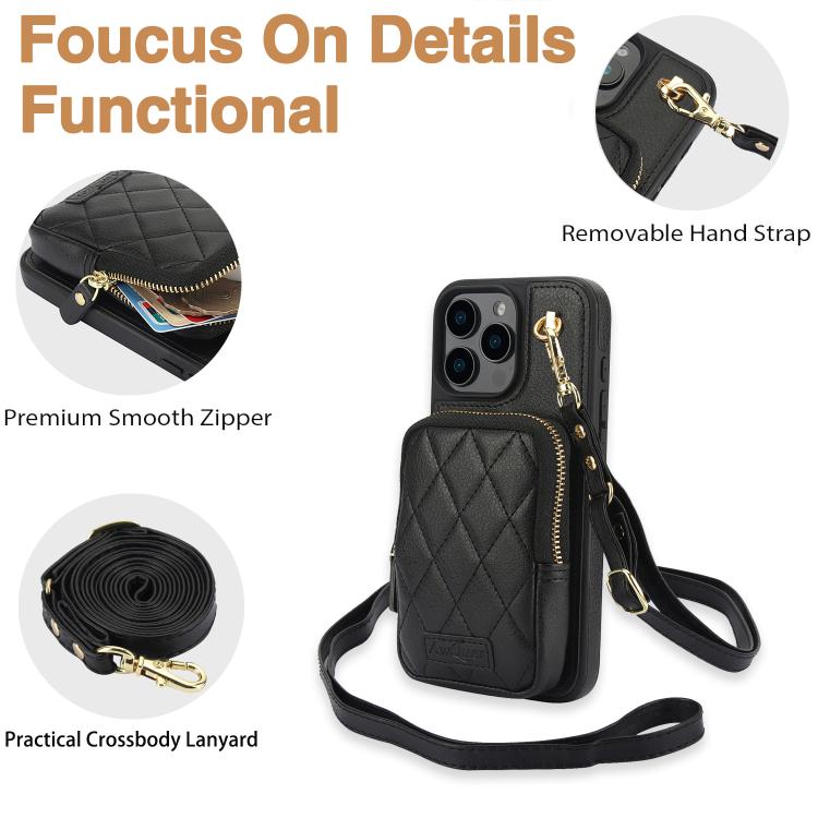 AwQuer Crossbody Zipper Wallet Bag Litchi Leather Phone Case, For iPhone 15 Plus, For iPhone 15, For iPhone 14 Plus, For iPhone 14 / 13, For iPhone 14 Pro, For iPhone 14 Pro Max