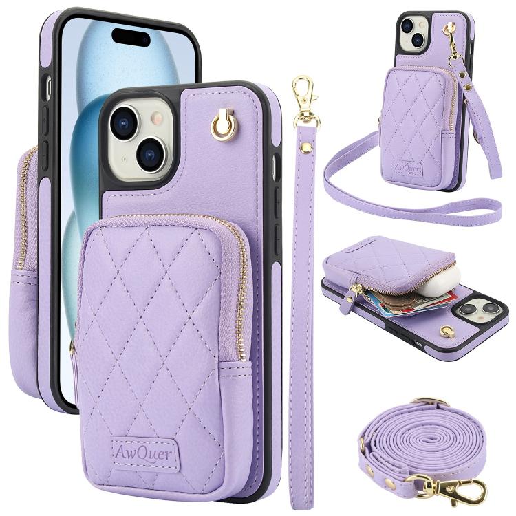 AwQuer Crossbody Zipper Wallet Bag Litchi Leather Phone Case, For iPhone 15 Plus, For iPhone 15, For iPhone 14 Plus, For iPhone 14 / 13, For iPhone 14 Pro, For iPhone 14 Pro Max