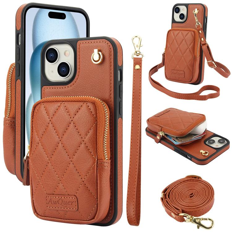 AwQuer Crossbody Zipper Wallet Bag Litchi Leather Phone Case, For iPhone 15 Plus, For iPhone 15, For iPhone 14 Plus, For iPhone 14 / 13, For iPhone 14 Pro, For iPhone 14 Pro Max