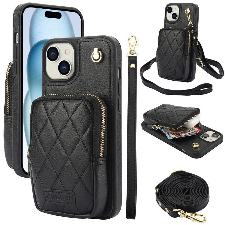 AwQuer Crossbody Zipper Wallet Bag Litchi Leather Phone Case, For iPhone 15 Plus, For iPhone 15, For iPhone 14 Plus, For iPhone 14 / 13, For iPhone 14 Pro, For iPhone 14 Pro Max