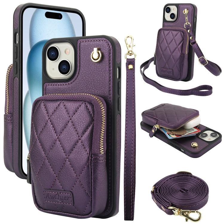 AwQuer Crossbody Zipper Wallet Bag Litchi Leather Phone Case, For iPhone 15 Plus, For iPhone 15, For iPhone 14 Plus, For iPhone 14 / 13, For iPhone 14 Pro, For iPhone 14 Pro Max