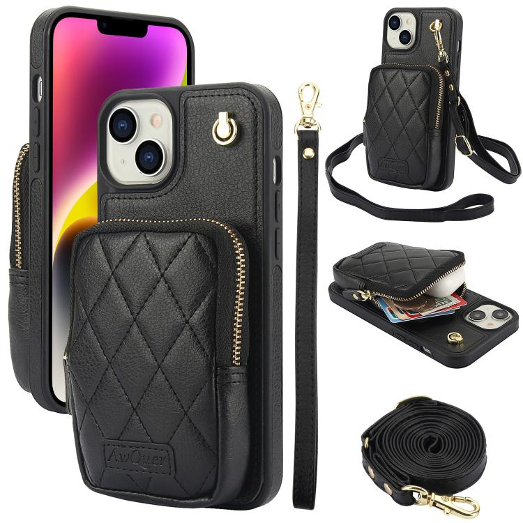 AwQuer Crossbody Zipper Wallet Bag Litchi Leather Phone Case, For iPhone 15 Plus, For iPhone 15, For iPhone 14 Plus, For iPhone 14 / 13, For iPhone 14 Pro, For iPhone 14 Pro Max
