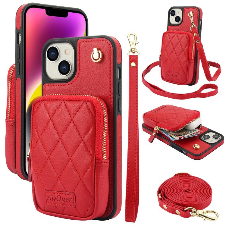 AwQuer Crossbody Zipper Wallet Bag Litchi Leather Phone Case, For iPhone 15 Plus, For iPhone 15, For iPhone 14 Plus, For iPhone 14 / 13, For iPhone 14 Pro, For iPhone 14 Pro Max