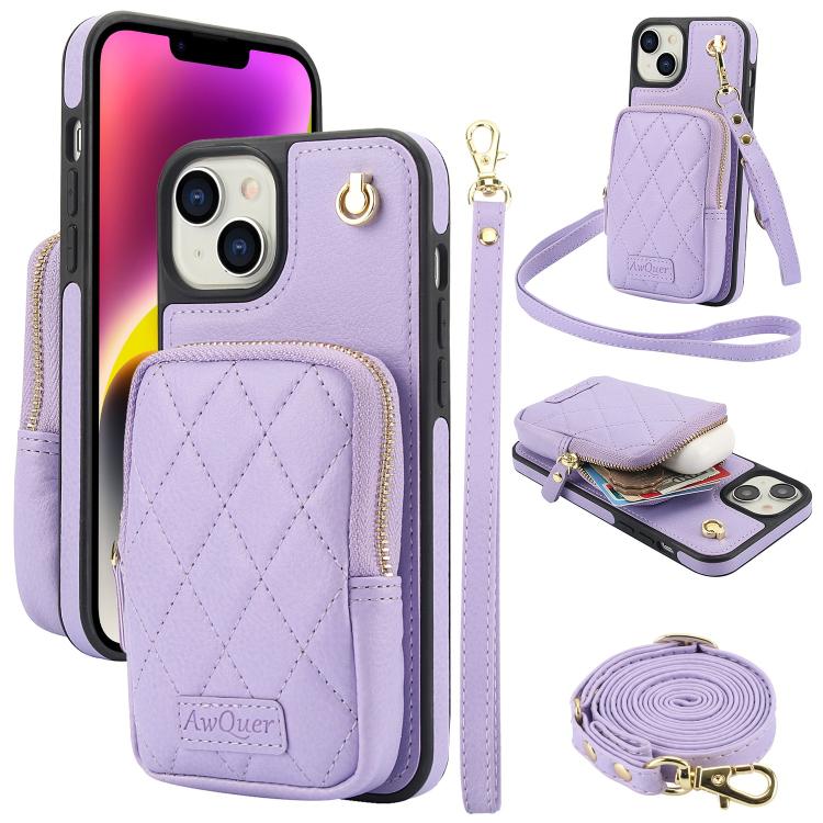 AwQuer Crossbody Zipper Wallet Bag Litchi Leather Phone Case, For iPhone 15 Plus, For iPhone 15, For iPhone 14 Plus, For iPhone 14 / 13, For iPhone 14 Pro, For iPhone 14 Pro Max