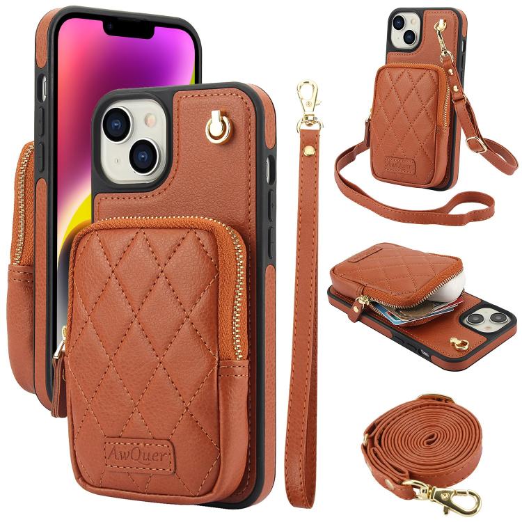 AwQuer Crossbody Zipper Wallet Bag Litchi Leather Phone Case, For iPhone 15 Plus, For iPhone 15, For iPhone 14 Plus, For iPhone 14 / 13, For iPhone 14 Pro, For iPhone 14 Pro Max