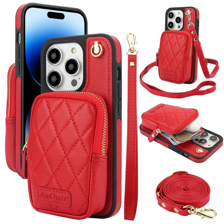 AwQuer Crossbody Zipper Wallet Bag Litchi Leather Phone Case, For iPhone 15 Plus, For iPhone 15, For iPhone 14 Plus, For iPhone 14 / 13, For iPhone 14 Pro, For iPhone 14 Pro Max