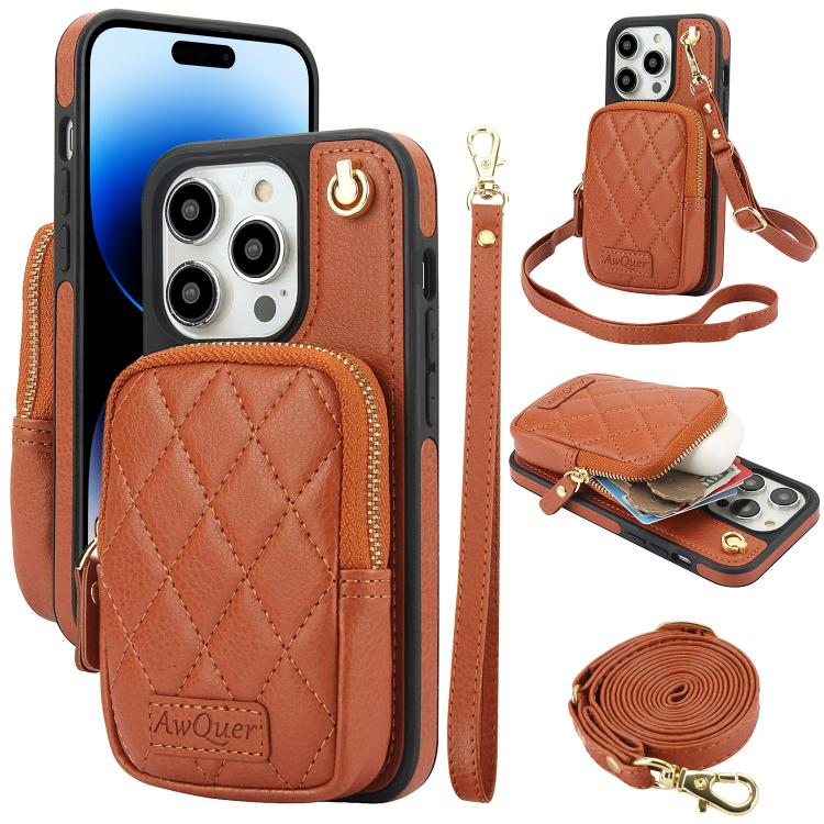 AwQuer Crossbody Zipper Wallet Bag Litchi Leather Phone Case, For iPhone 15 Plus, For iPhone 15, For iPhone 14 Plus, For iPhone 14 / 13, For iPhone 14 Pro, For iPhone 14 Pro Max