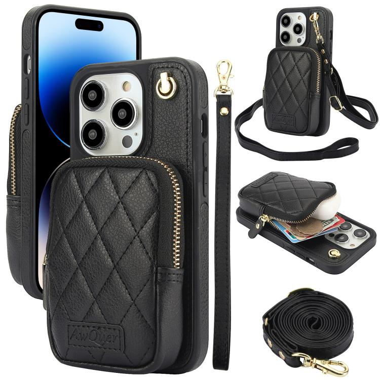 AwQuer Crossbody Zipper Wallet Bag Litchi Leather Phone Case, For iPhone 15 Plus, For iPhone 15, For iPhone 14 Plus, For iPhone 14 / 13, For iPhone 14 Pro, For iPhone 14 Pro Max