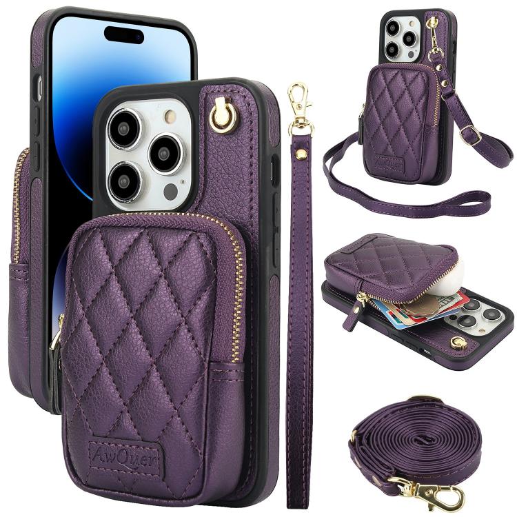 AwQuer Crossbody Zipper Wallet Bag Litchi Leather Phone Case, For iPhone 15 Plus, For iPhone 15, For iPhone 14 Plus, For iPhone 14 / 13, For iPhone 14 Pro, For iPhone 14 Pro Max