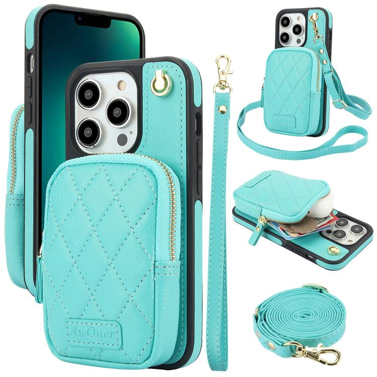 AwQuer Crossbody Zipper Wallet Bag Litchi Leather Phone Case, For iPhone 13 Pro Max, For iPhone 13 Pro, For iPhone 12 / 12 Pro, For iPhone 12 Pro Max, For iPhone 11 Pro Max, For iPhone 11