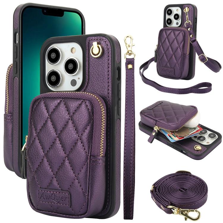 AwQuer Crossbody Zipper Wallet Bag Litchi Leather Phone Case, For iPhone 13 Pro Max, For iPhone 13 Pro, For iPhone 12 / 12 Pro, For iPhone 12 Pro Max, For iPhone 11 Pro Max, For iPhone 11